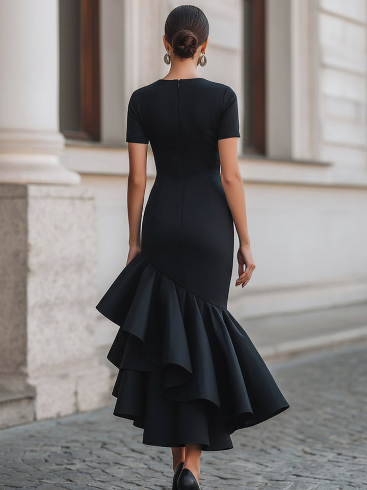 Black Asymmetric Ruffle-Hem Midi Dress – Black Dress With Ruffle Hem