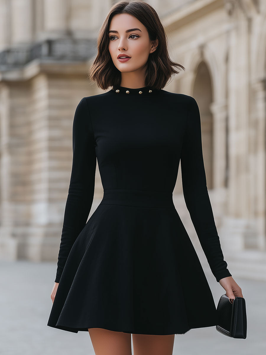 Black Studded Neckline Fit-and-Flare Dress – Cocktail Dress
