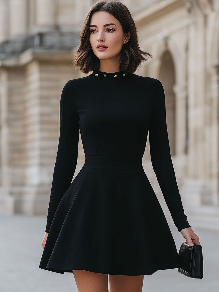 Black Studded Neckline Fit-and-Flare Dress – Cocktail Dress
