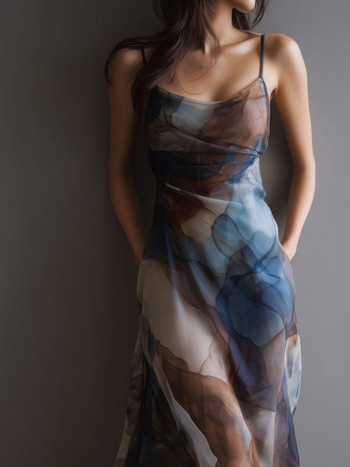 Chiffon Maxi Dress Women Slip Watercolor Print Boho