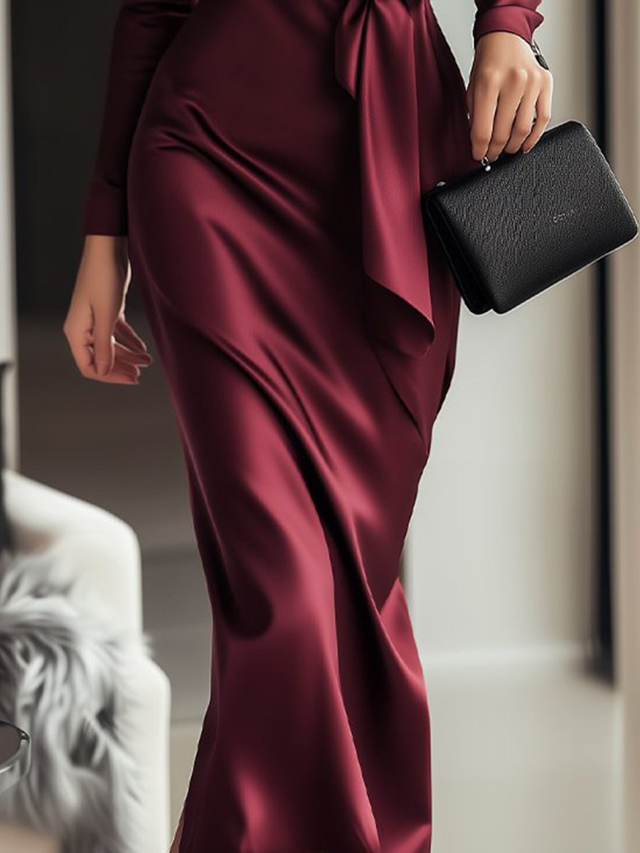 Burgundy Satin Wrap Midi Dress – Summer Business Dresses