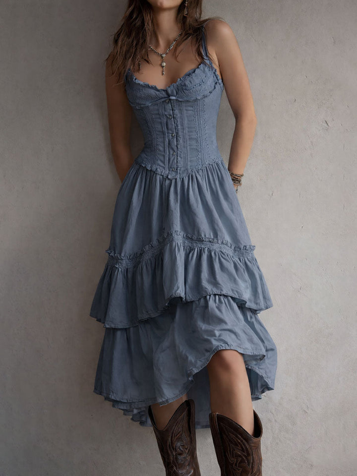 Retro Boho Corset Tiered Midi Dress With Lace-Trim Chic