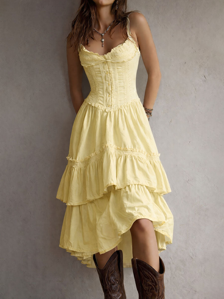 Retro Boho Corset Tiered Midi Dress With Lace-Trim Chic