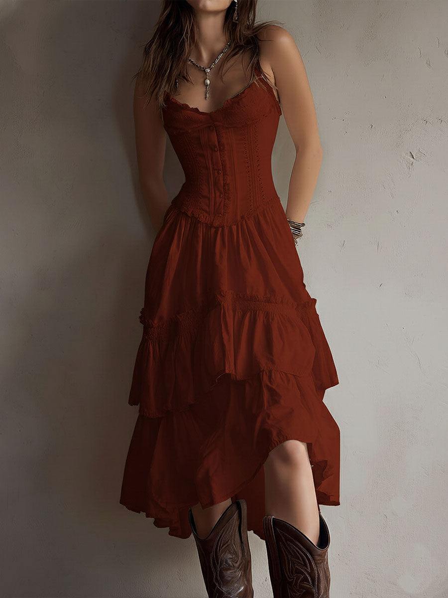 Retro Boho Corset Tiered Midi Dress With Lace-Trim Chic