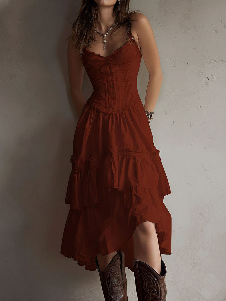 Retro Boho Corset Tiered Midi Dress With Lace-Trim Chic