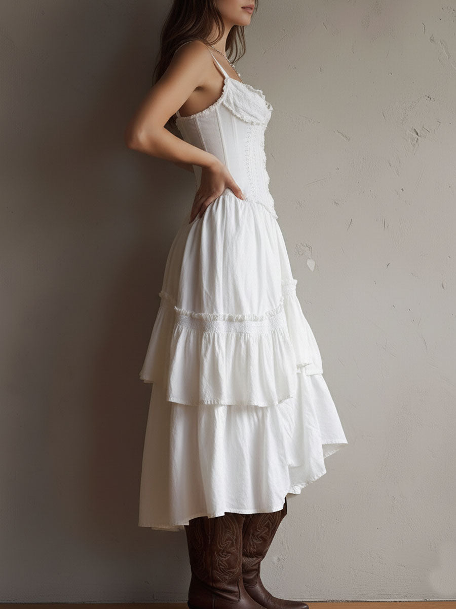 Retro Boho Corset Tiered Midi Dress With Lace-Trim Chic