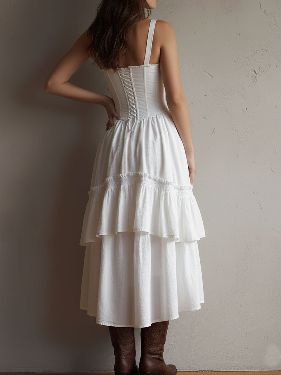 Retro Boho Corset Tiered Midi Dress With Lace-Trim Chic