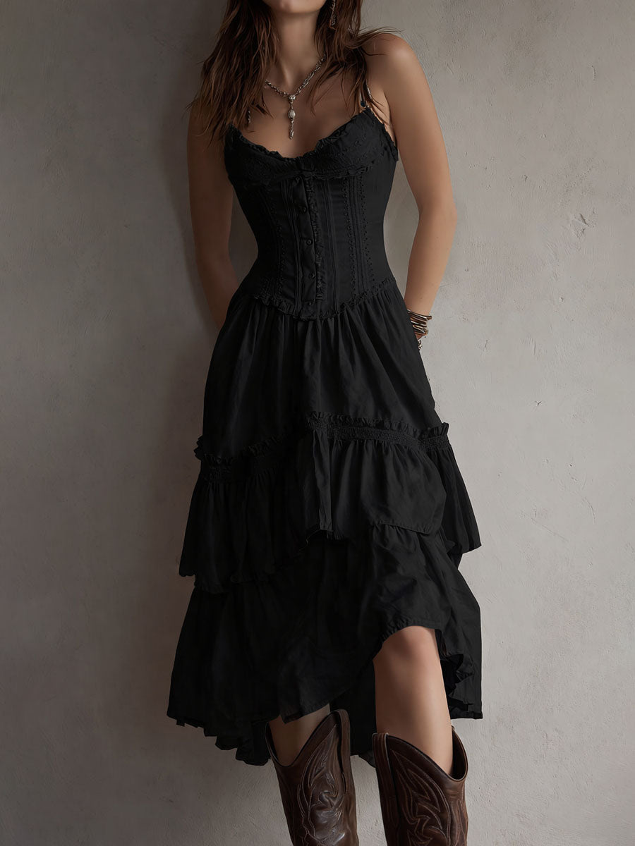 Retro Boho Corset Tiered Midi Dress With Lace-Trim Chic