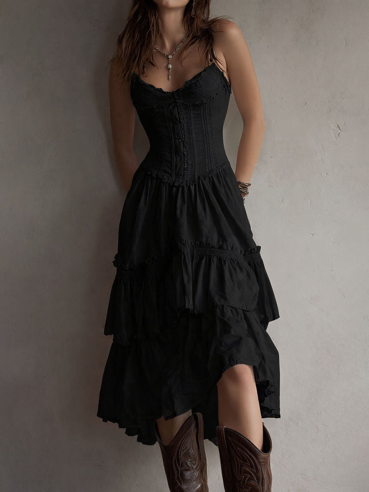Retro Boho Corset Tiered Midi Dress With Lace-Trim Chic