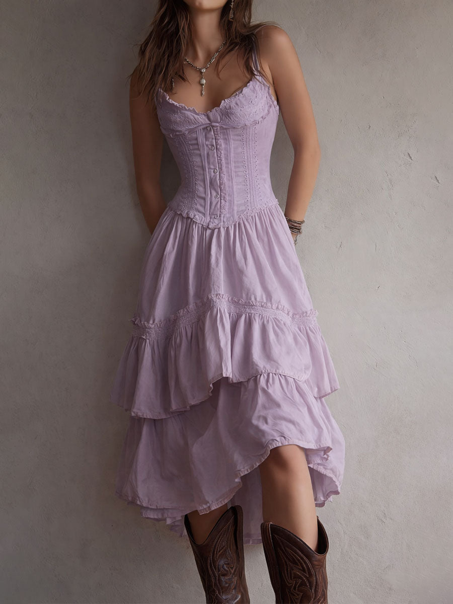 Retro Boho Corset Tiered Midi Dress With Lace-Trim Chic