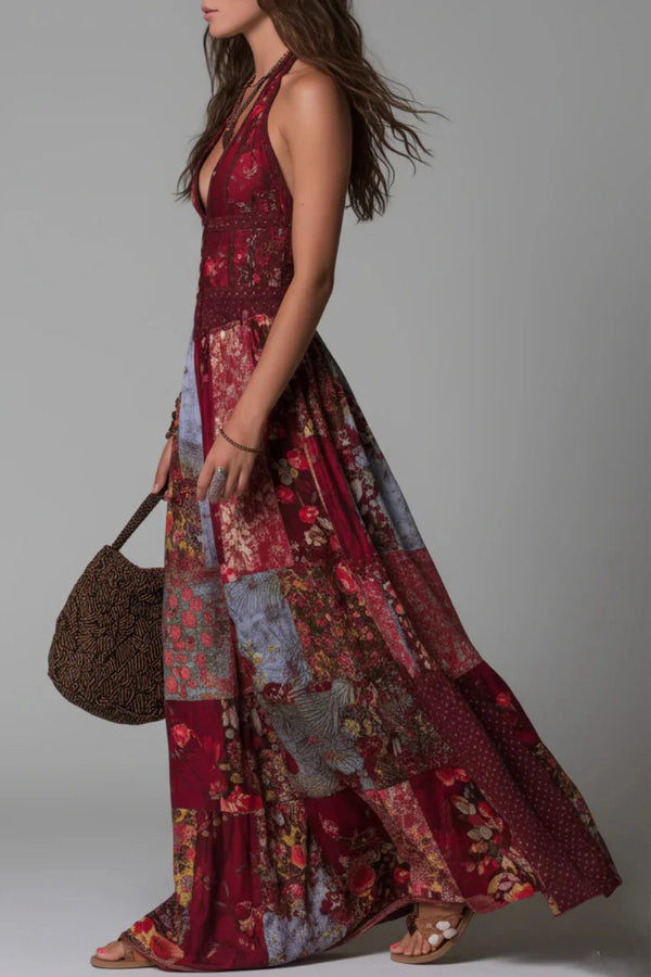 Printed Maxi Dress Women V-Neck Sleeveless Slim Fit