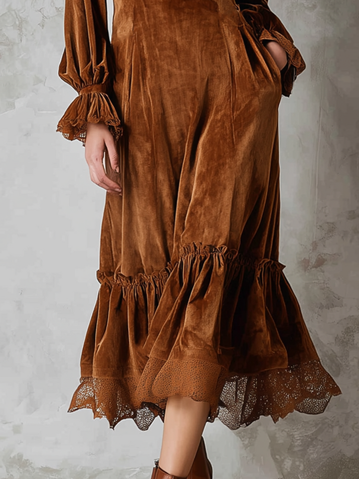 Retro Ruffle Neck Lace Trim Eco-friendly Velvet Women&