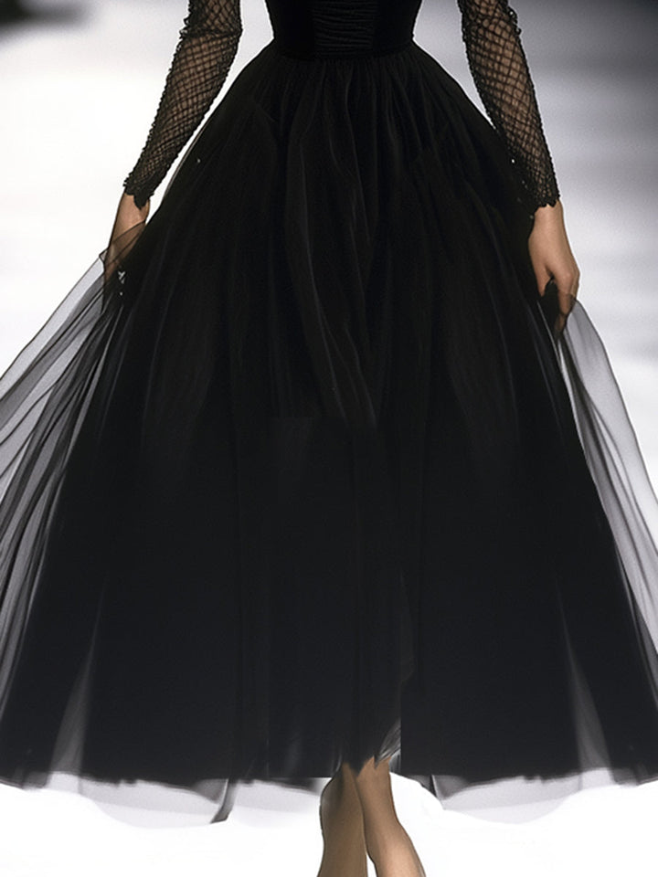 Tulle Maxi Dress Women Black Trumpet Sleeve Evening