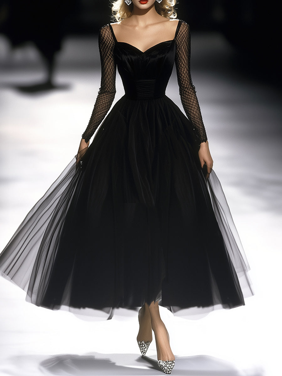 Tulle Maxi Dress Women Black Trumpet Sleeve Evening