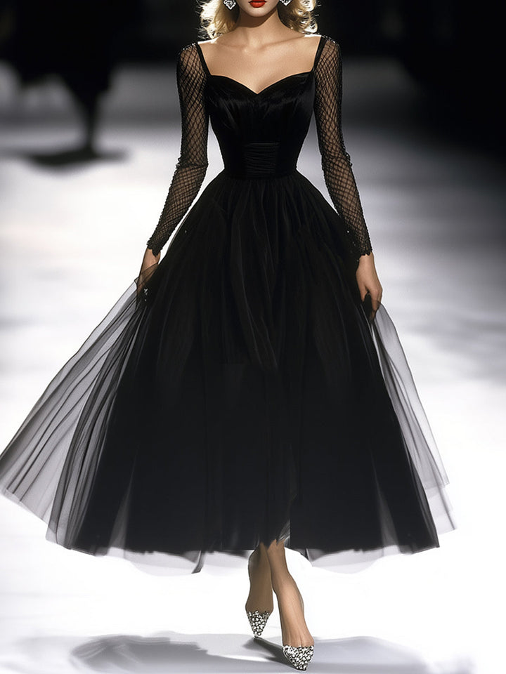 Tulle Maxi Dress Women Black Trumpet Sleeve Evening