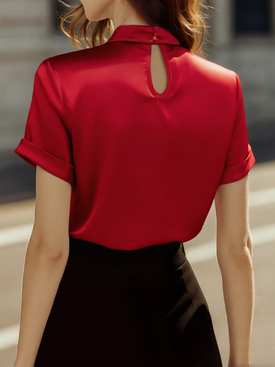 White Satin High-Neck Keyhole Blouse – Ladies White Blouse