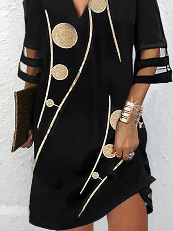 Half Sleeves Loose Hollow Mesh Polka-Dot Printed Split-Joint Cold Shoulder Mini Dress