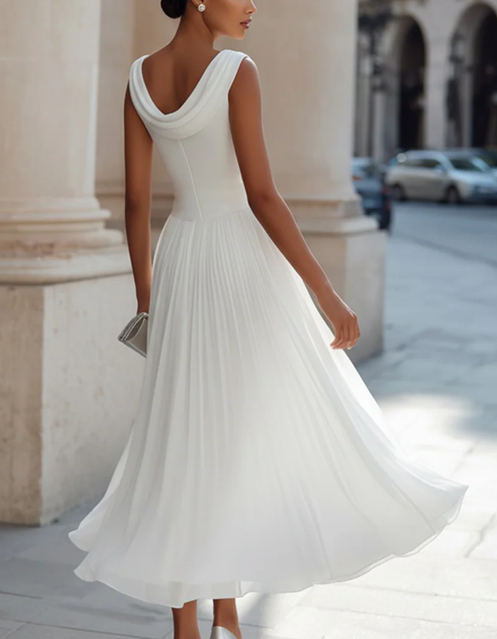 Chiffon Midi Dress Women Draped Neck Pleated