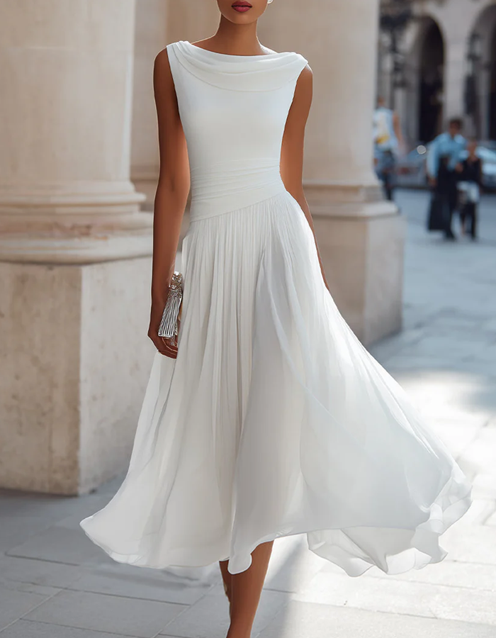 Chiffon Midi Dress Women Draped Neck Pleated