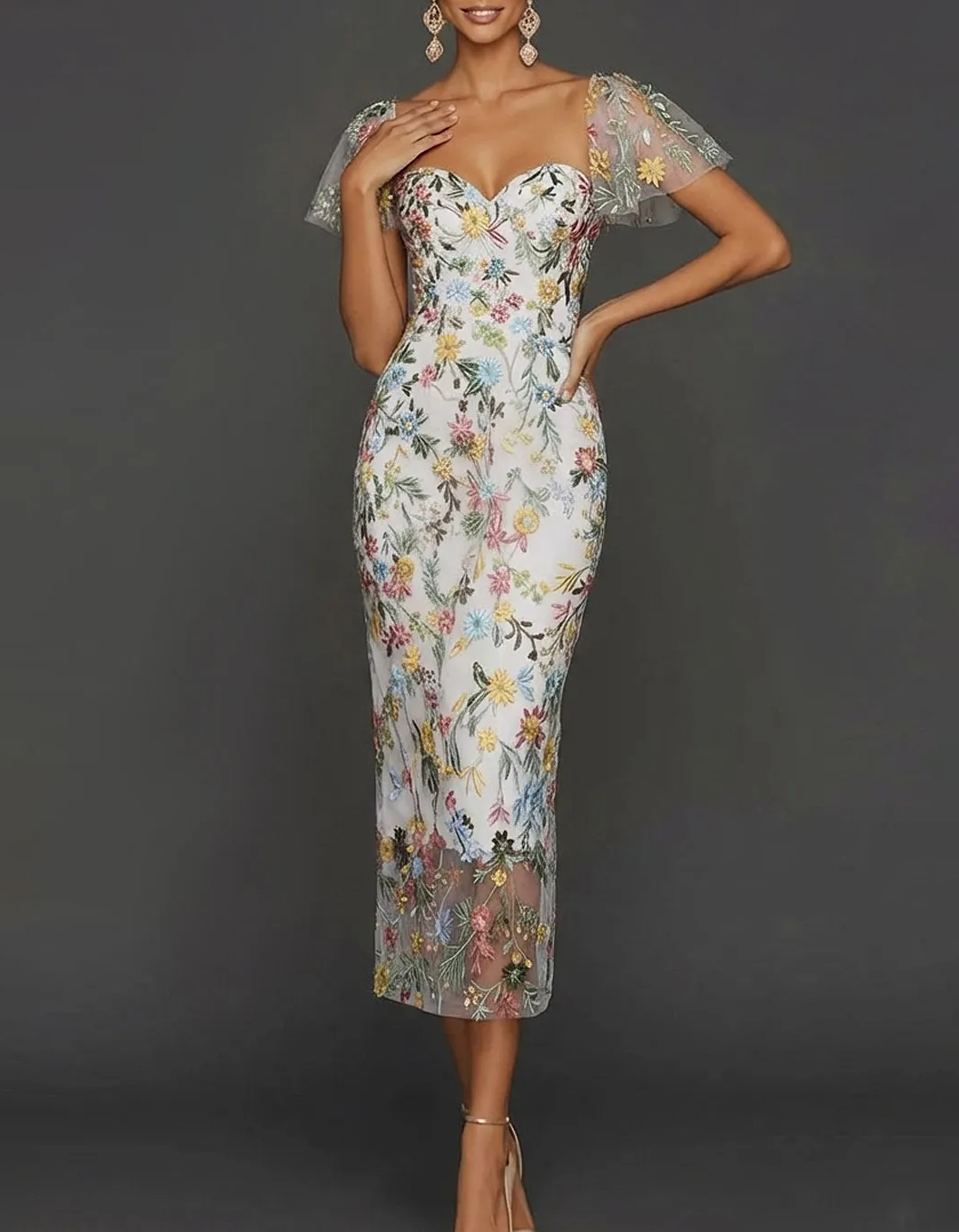 Floral Embroidered Tulle Sheath Midi Guest Dress with Sleeves