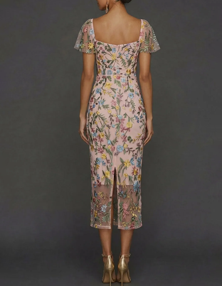 Floral Embroidered Tulle Sheath Midi Guest Dress with Sleeves