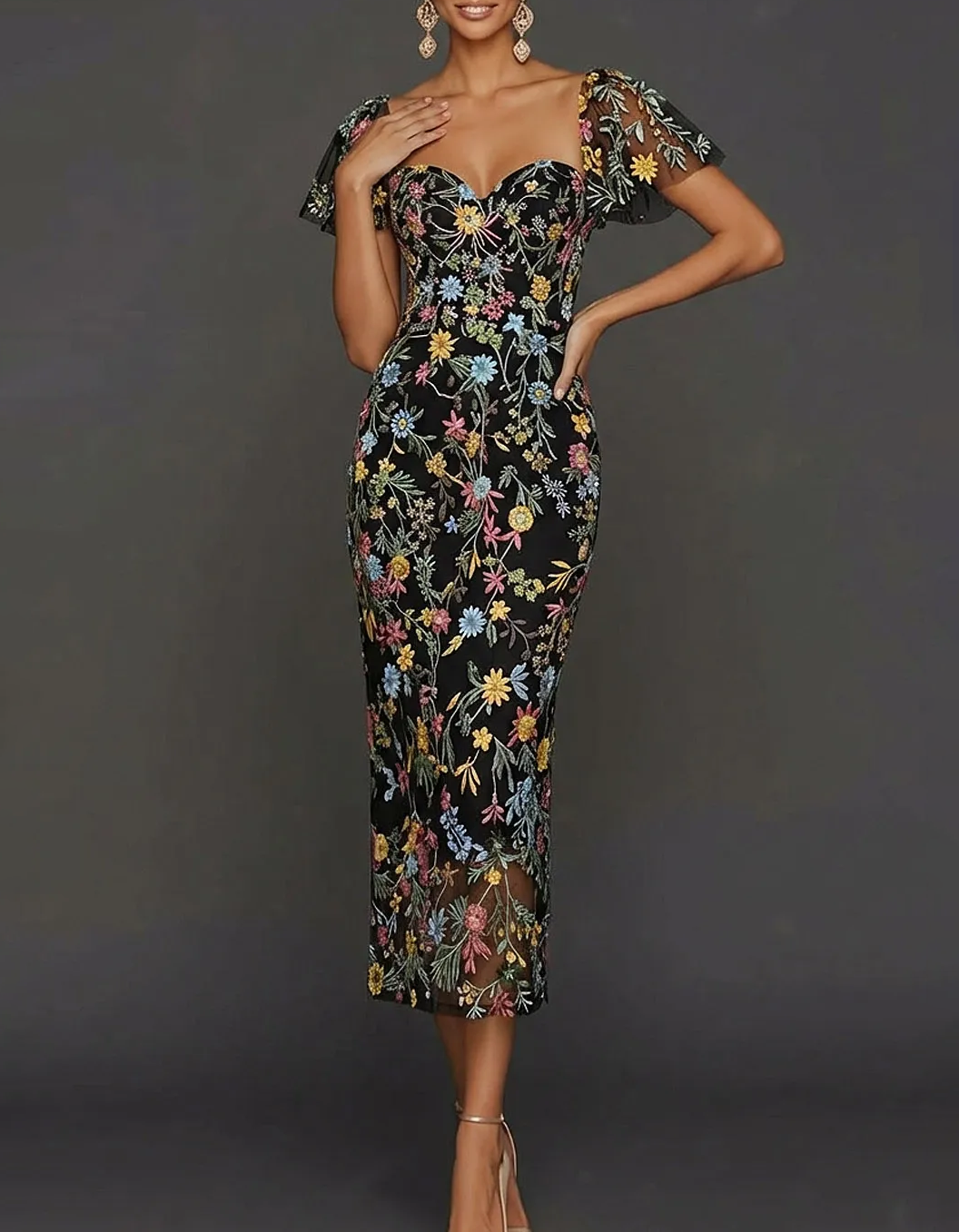 Floral Embroidered Tulle Sheath Midi Guest Dress with Sleeves