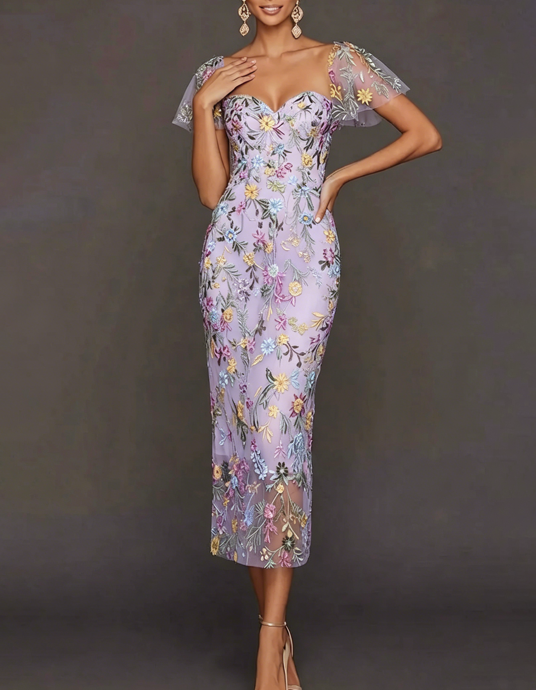 Floral Embroidered Tulle Sheath Midi Guest Dress with Sleeves
