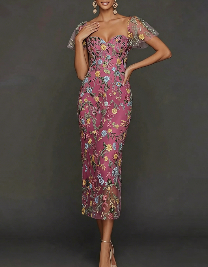 Floral Embroidered Tulle Sheath Midi Guest Dress with Sleeves