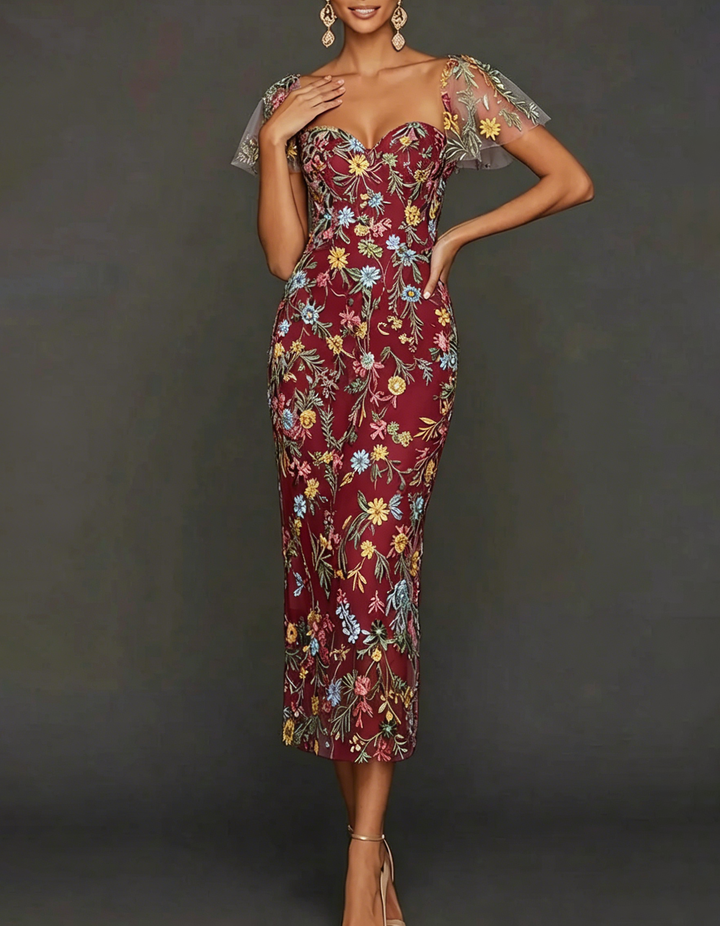 Floral Embroidered Tulle Sheath Midi Guest Dress with Sleeves