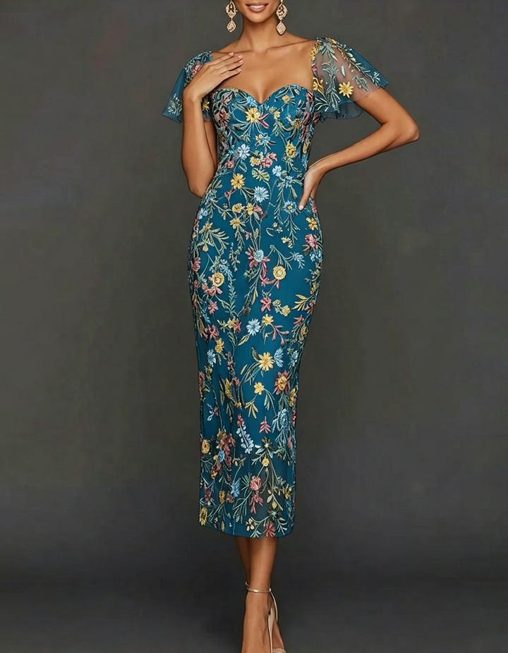 Floral Embroidered Tulle Sheath Midi Guest Dress with Sleeves