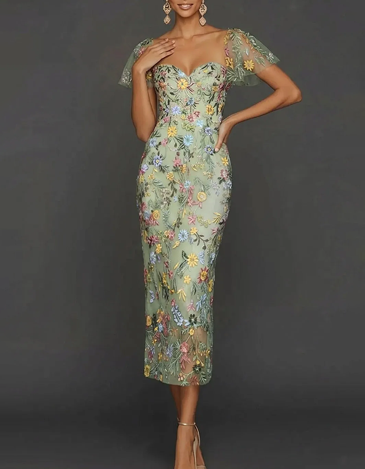 Floral Embroidered Tulle Sheath Midi Guest Dress with Sleeves