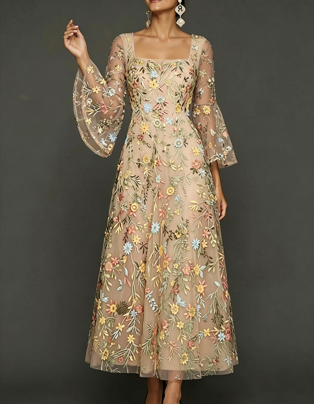 Chiffon Lace Embroidered Square Neck Fitted Waist Maxi Dress