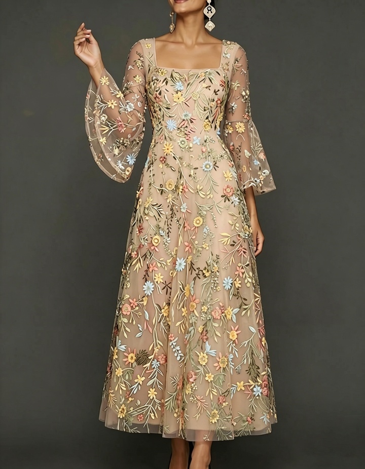 Chiffon Lace Embroidered Square Neck Fitted Waist Maxi Dress