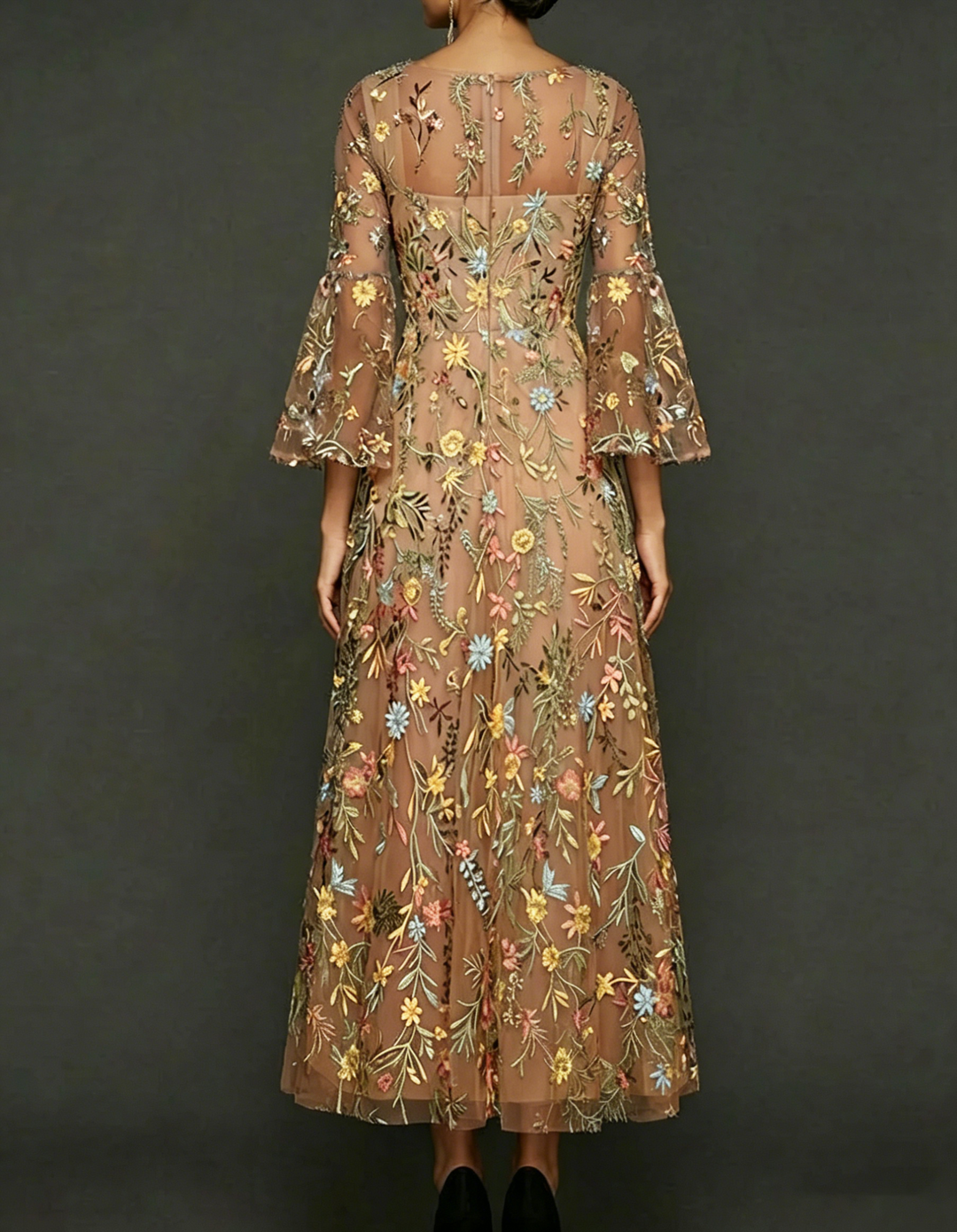 Chiffon Lace Embroidered Square Neck Fitted Waist Maxi Dress