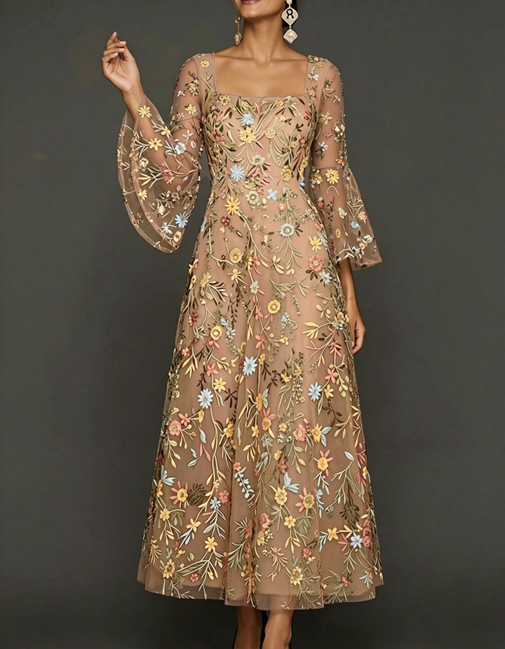 Chiffon Lace Embroidered Square Neck Fitted Waist Maxi Dress