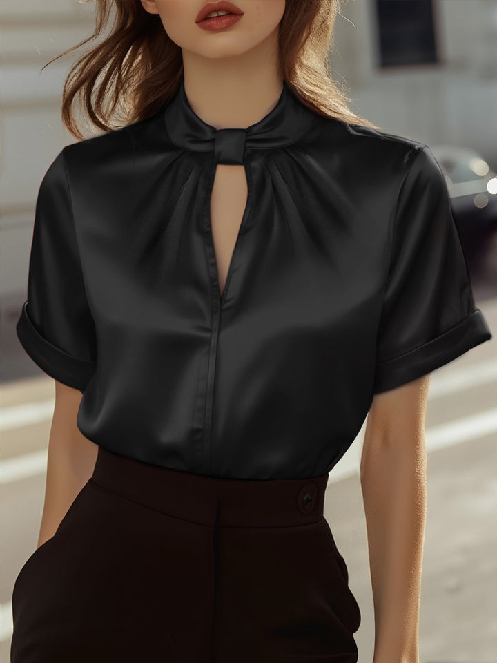 White Satin High-Neck Keyhole Blouse – Ladies White Blouse