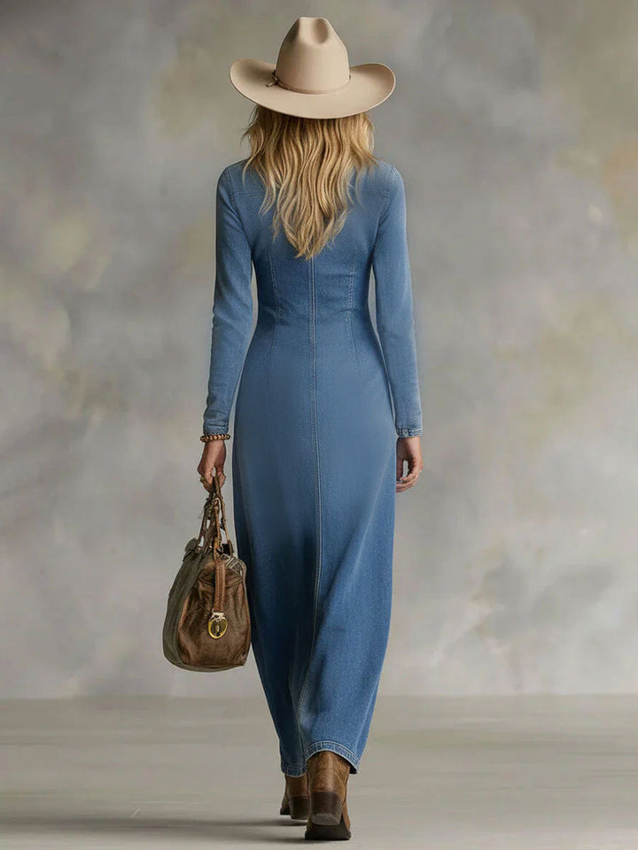 Denim Maxi Dress Women V-Neck Long Sleeve Side Slit