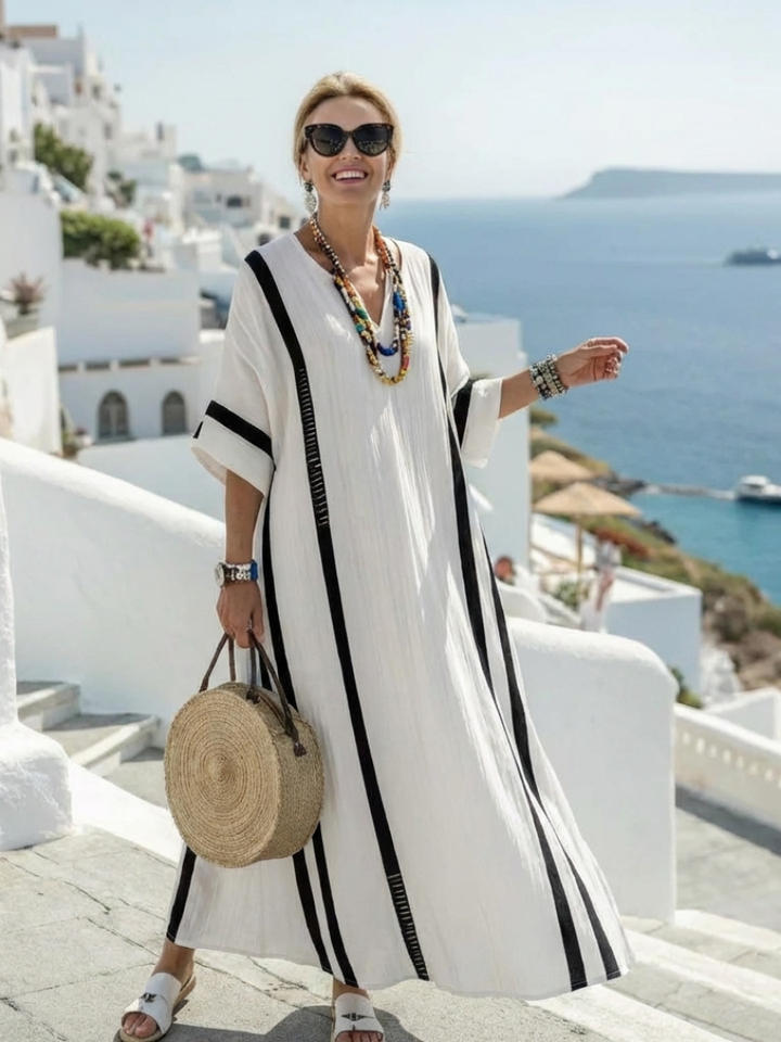 Striped Maxi Dress Women Short Sleeve Vertical