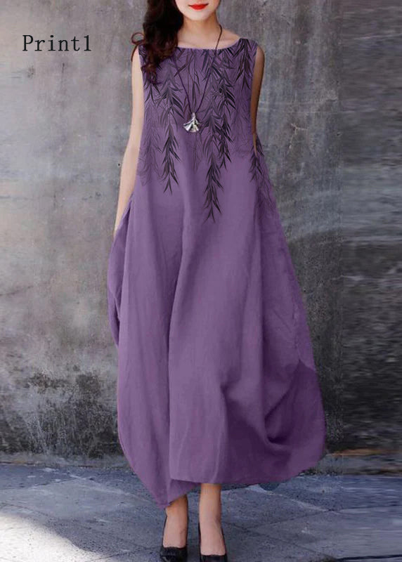 Bohemian Purple O-Neck Exra Large Hem Cotton Dresses Sleeveless – Casual Wedding Dress