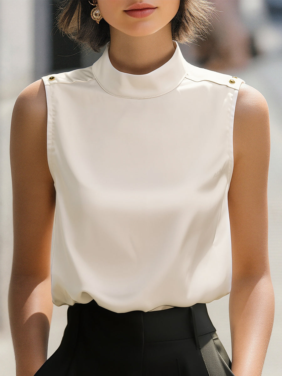 Ivory High-Neck Sleeveless Satin Blouse – Ladies White Blouse