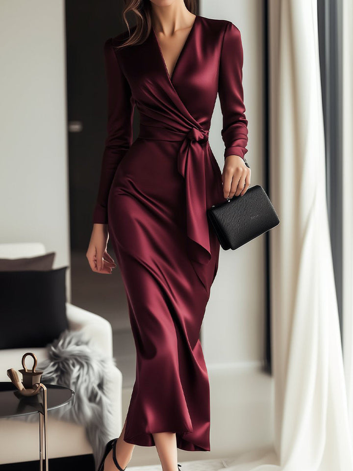 Burgundy Satin Wrap Midi Dress – Summer Business Dresses