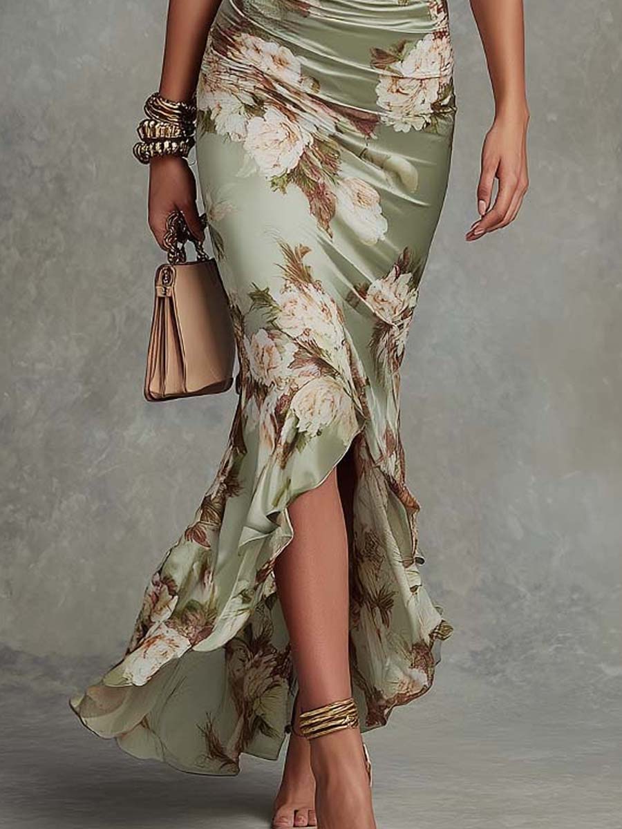Floral Maxi Dress Women V-Neck Sage Green Ruffle