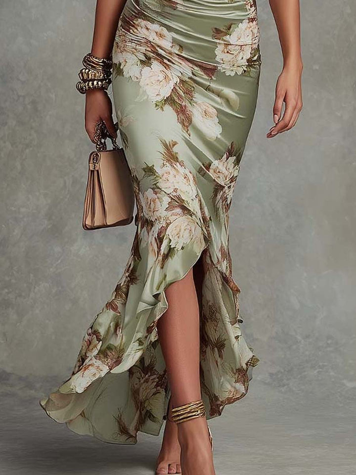 Floral Maxi Dress Women V-Neck Sage Green Ruffle