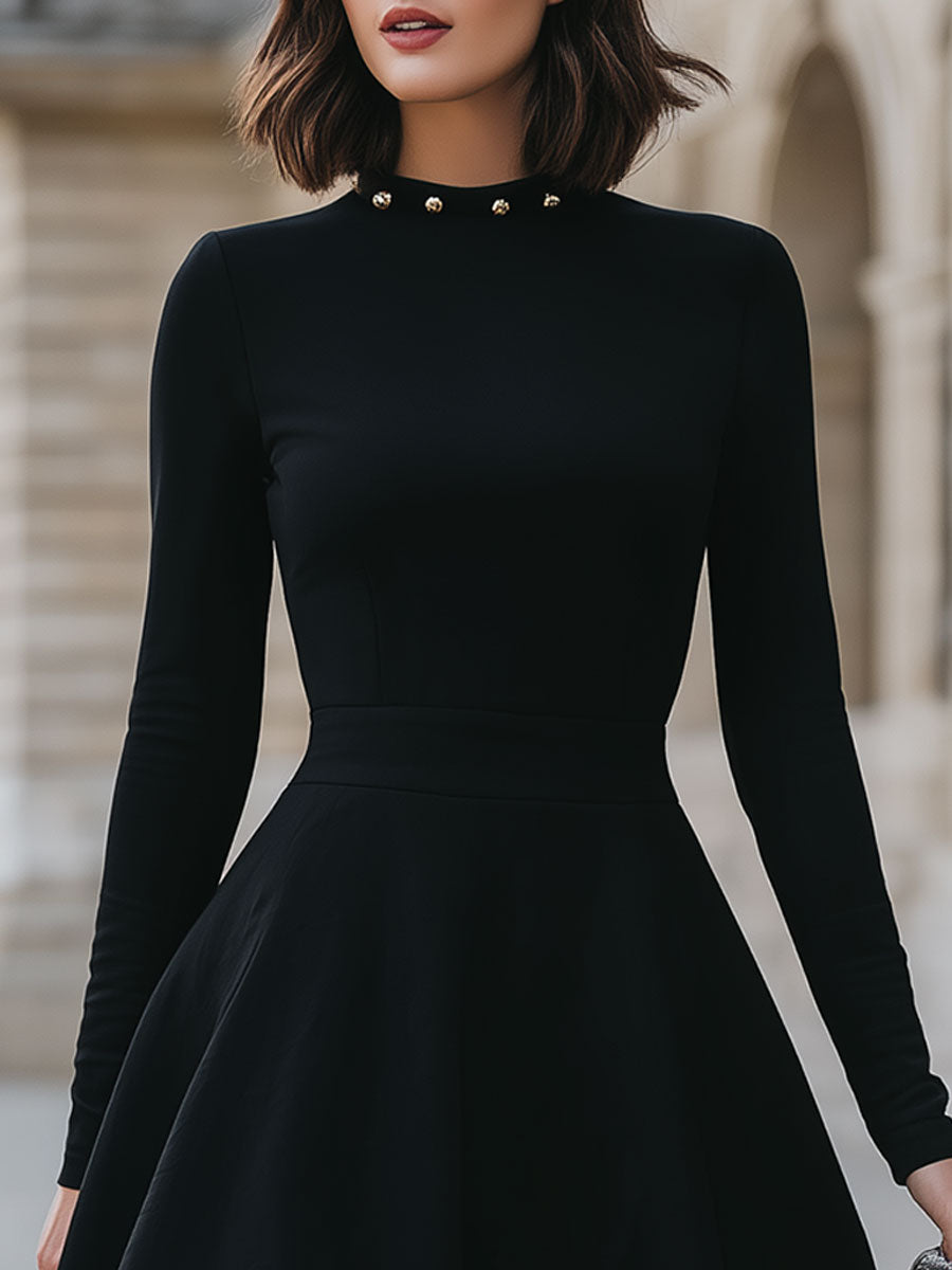 Black Studded Neckline Fit-and-Flare Dress – Cocktail Dress