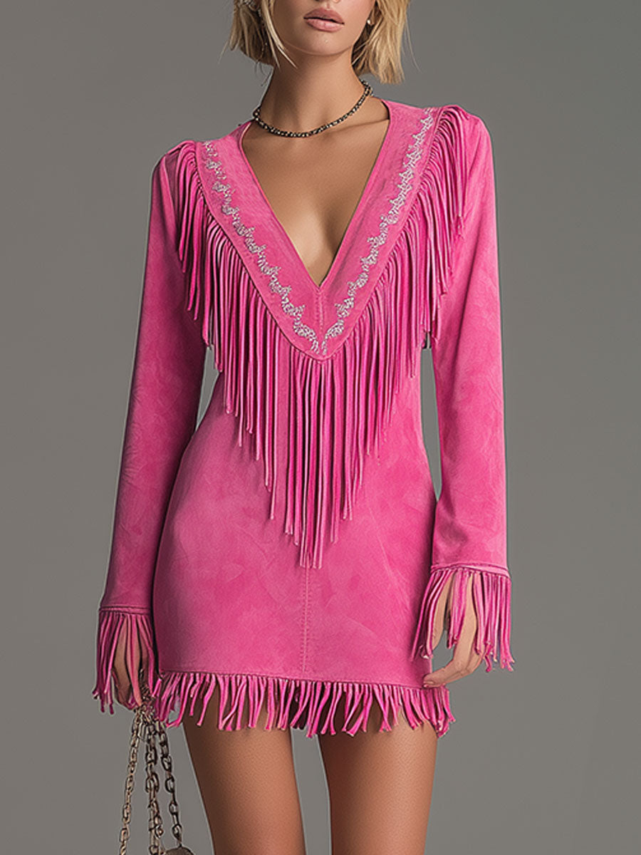 Red Faux Suede Tassel Mini Western Dress Western | Casual Dress