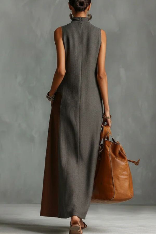 Maxi Dress Women High Neck Sleeveless Color-Block Pockets