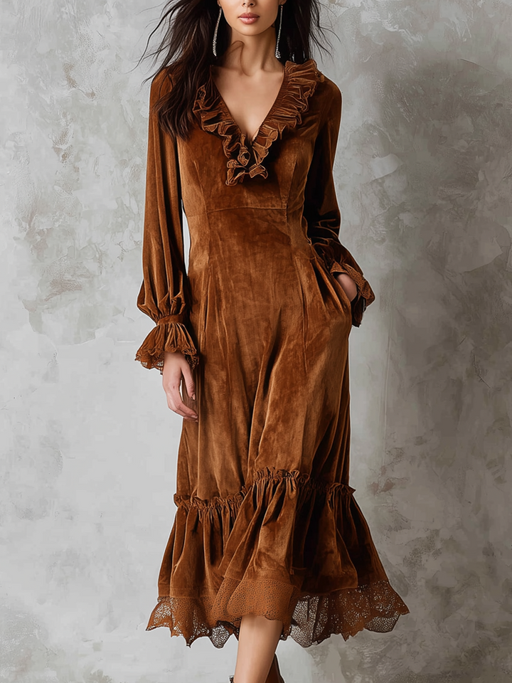 Retro Ruffle Neck Lace Trim Eco-friendly Velvet Women&