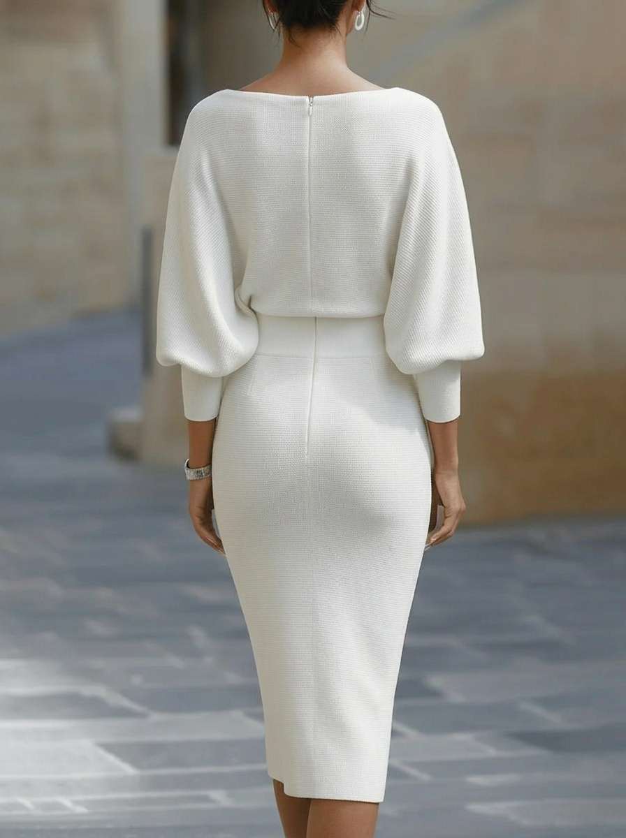 Elegant Temperament Fashionable Bat Sleeve Pure Color Waist-cinching Dress – White Dress