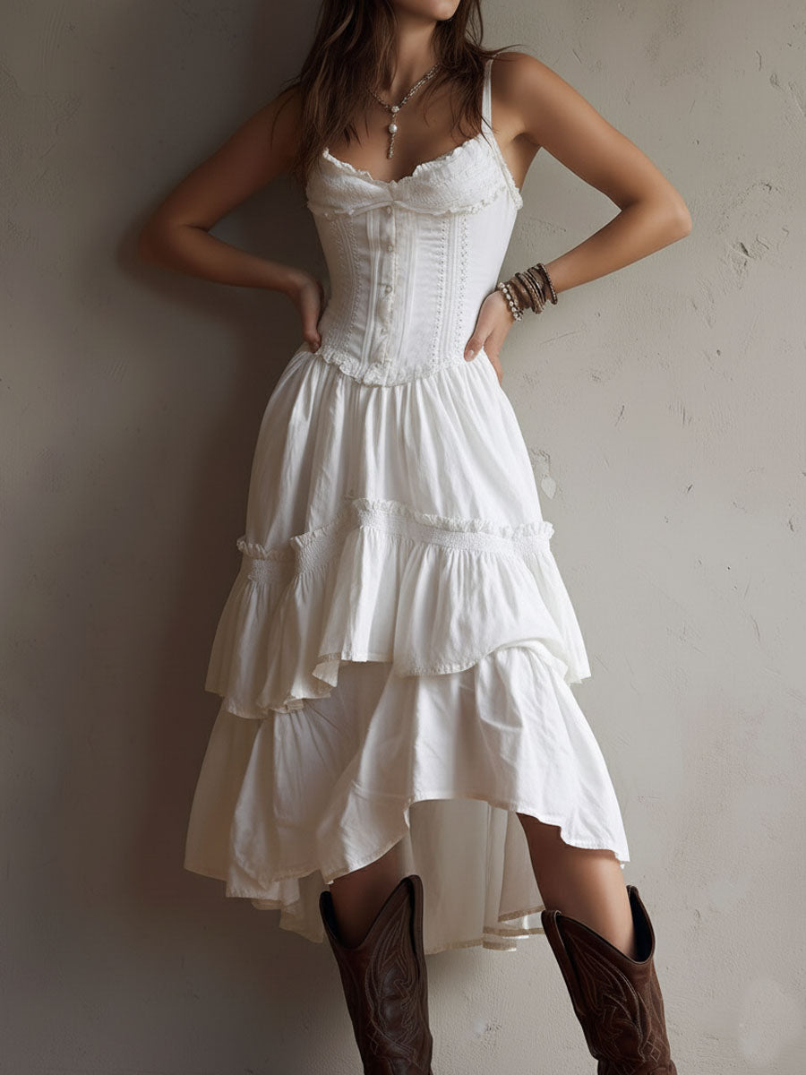 Retro Boho Corset Tiered Midi Dress With Lace-Trim Chic