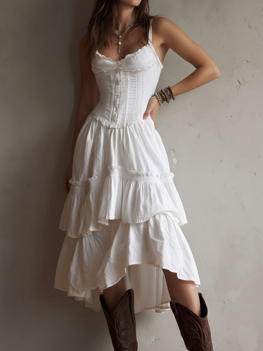 Retro Boho Corset Tiered Midi Dress With Lace-Trim Chic